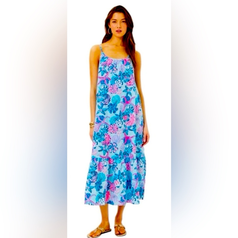 Lilly Pulitzer Amerie Linen Midi Dress Multi Bahamas Beachcomber NWT L